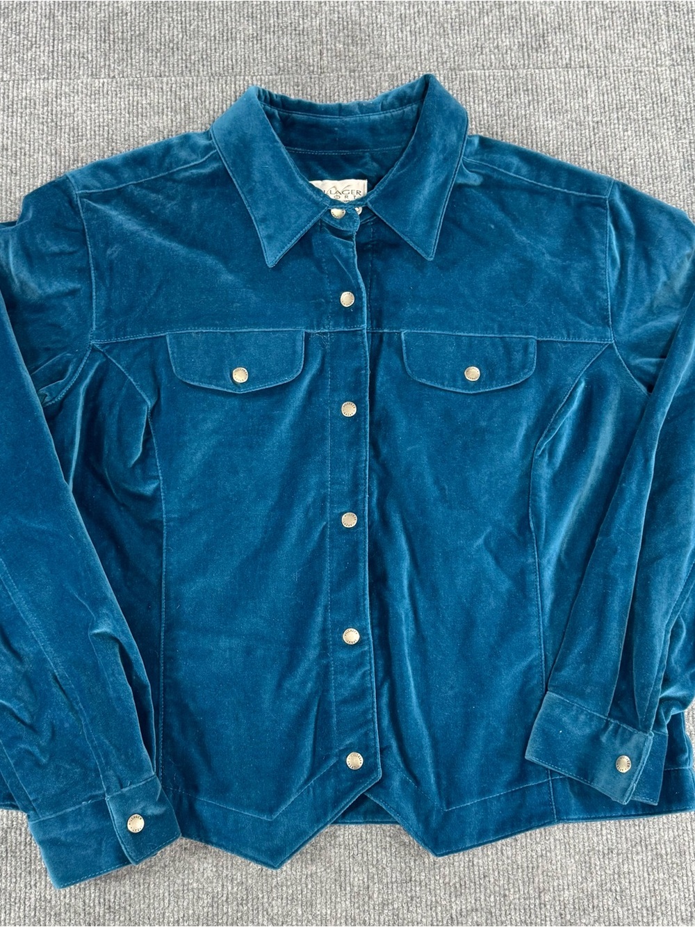 Villager L Teal Cotton Velvet Silver Snap Western Cowgirl Chore Jacket Boho Chic